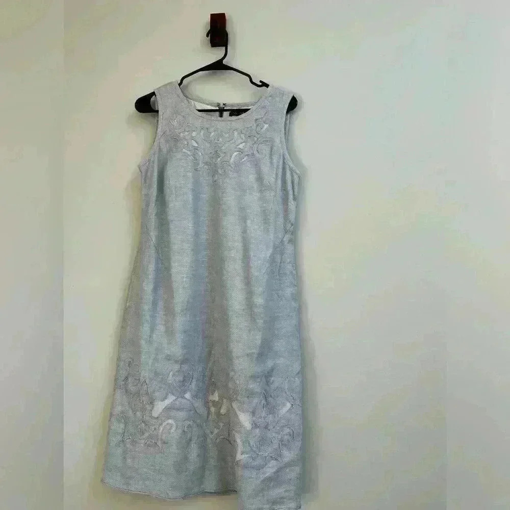 Nic + Zoe Anthropologie Grey Sleeveless Dress Lace Detail Linen and Rayon